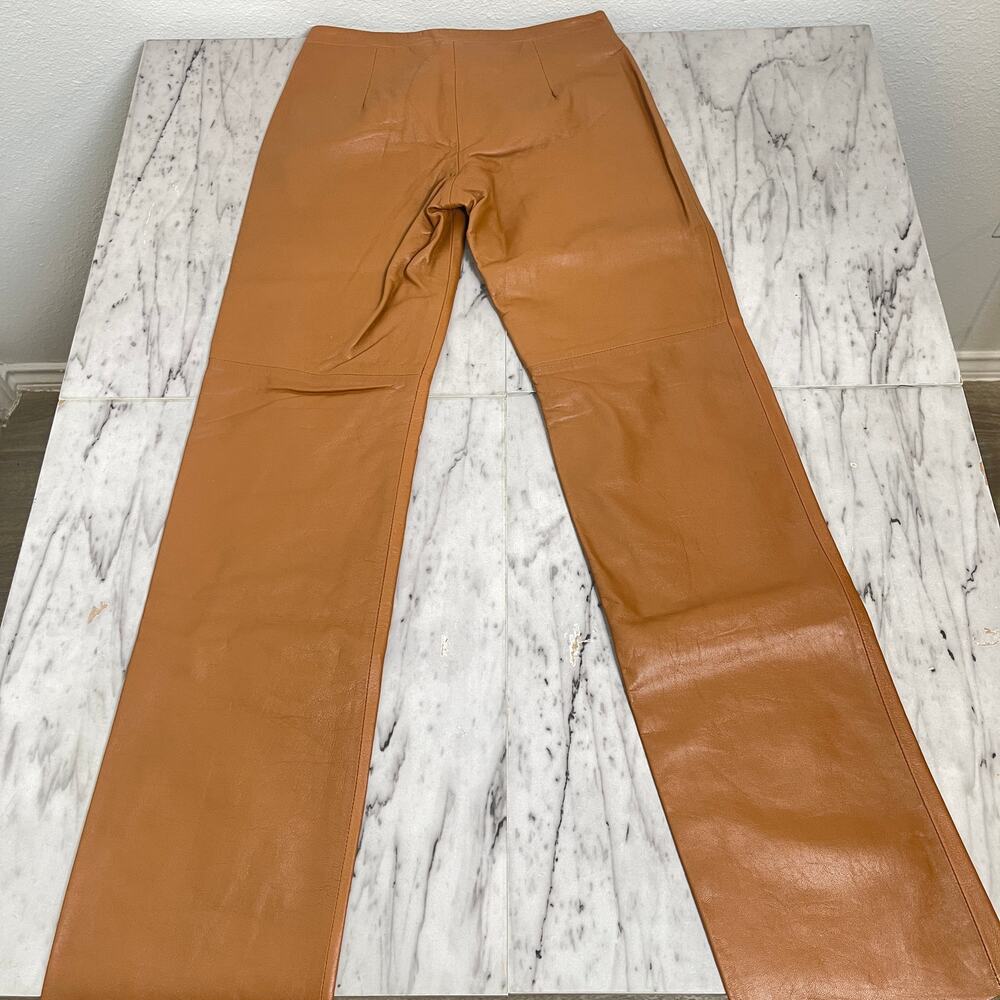 BCBG Max Azria Cognac Leather Pants Size 0 High Rise Straight Leg Real Leather - Picture 5 of 10